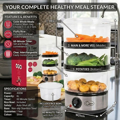 3 Tier Food Steamer - 7.2L Capacity with Rice Bowl, 400W Power