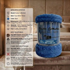 Kutex Blue Faux Mink Throw - 200x240cm Extra Large Soft Warm Blanket