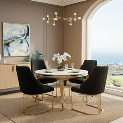 Sofia 150cm Cream Gold Marble Dining Table & 4 Lasco Black Gold Chairs