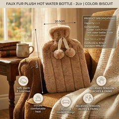 Biscuit 2L Faux Fur Hot Water Bottle - Luxury Plush Pom Pom Winter Gift