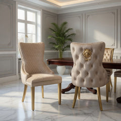 Set of 2 Victoria Mink Velvet & Gold Dining Chairs with Lion Ring Knocker – Home Luxe Interior