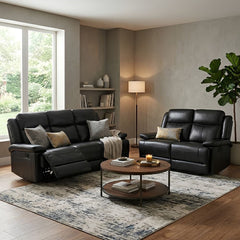 Casper Black Leather 3 and 2 Seater Manual Recliner Sofa Set Pack