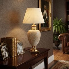 XL Cream & Gold Marble Table Lamp with Pleated Shade 104cm Tall