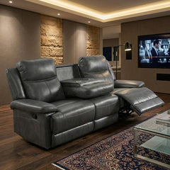 Casper Grey Leather 3 Seater Manual Recliner Sofa Cup Holders