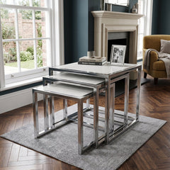 Massa Silver Nest of Tables Set of 3 White Marble Modern Tables
