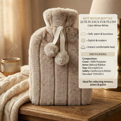 Winter White 2L Faux Fur Hot Water Bottle - Luxury Plush Pom Pom Gift