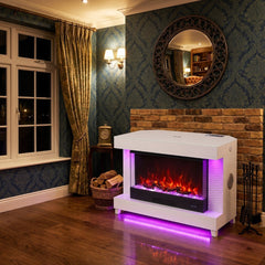 White Corner Fireplace TV Unit with LED Lights & Bluetooth Speakers