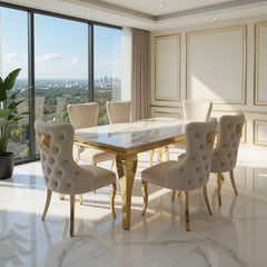 Sofia 1.8m Cream & Gold Marble Table & 6 Victoria Mink Lion Chairs