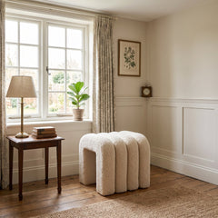 Teddy Arch Footstool White Plush Boucle Accent Seat for Living Room