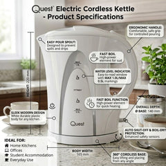 White 1.7L Electric Cordless Kettle with Boil Dry Protection