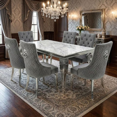 Sofia 1.8m Grey Marble Dining Table & 6 Minister Grey Lion Chairs