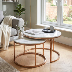 Boston White Marble Nest of Tables Set of 2 Rose Gold Metal Frame