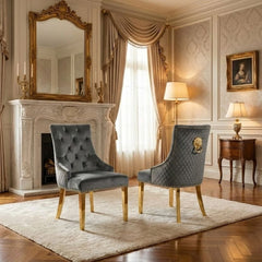 Set of 2 Minister Grey Velvet Dining Chairs with Gold Lion Knocker