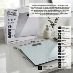 Black + Decker White Digital Bathroom Scale - 170kg, Tempered Glass