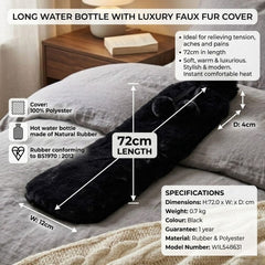 72cm Long Hot Water Bottle with Luxury Black Faux Fur Cover & Pom Poms