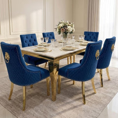 1.2 Sofia Cream Gold Marble Dining Table & 4 Blue Velvet Lion Chairs