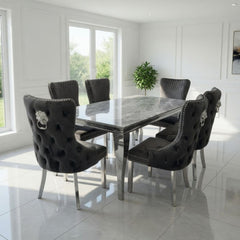 Sofia 1.8m Grey Marble Dining Table & 6 Victoria Grey Silver Chairs