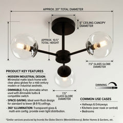 Stockholm Ball Light Black - Modern 3-Glass Bulb Ceiling Light