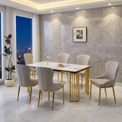 Cindy White Sintered Stone Dining Table & 6 Ivory Mia Chairs Set
