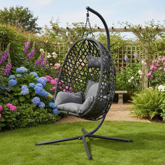 Aura Haus Charcoal Hanging Nest Egg Chair Garden Swing Stand Cushions