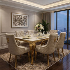 1.2m Sofia Cream Gold Marble Dining Table & 4 Beige Velvet Chairs Set