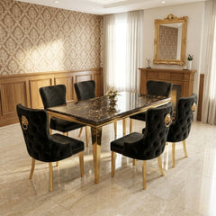 Sofia 1.8m Black & Gold Marble Table & 6 Victoria Black Lion Chairs