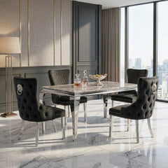Sofia 1.2m Grey Marble Table & 4 Victoria Black Lion Silver Chairs