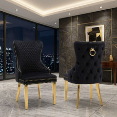 Set of 2 Black Victoria Dining Chairs with Ring Knocker & Gold Legs