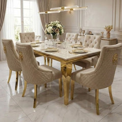 Sofia 1.6m Cream Gold Marble Dining Table & 6 Lion Back Velvet Chairs