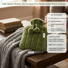Sage Green 2L Faux Fur Hot Water Bottle - Luxury Plush Pom Pom Gift