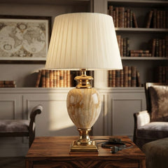 Medium Cream & Gold Marble Table Lamp with Pleated Shade 61cm Tall