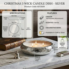 Silver Christmas 3 Wick Hammered Aluminium Vanilla Candle Dish Bowl