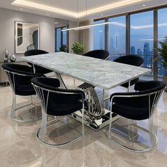 Elina 180cm Grey Marble Dining Table & 6 Black Porado Chairs Set