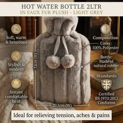 Light Grey 2L Faux Fur Hot Water Bottle - Luxury Plush Pom Pom Gift