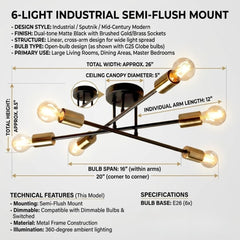 Lucca Ceiling Light - Modern 6-Spotlight Black and Brass Fixture