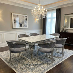 160cm Grey Marble & Silver Dining Table with 6 Porado Grey Chairs