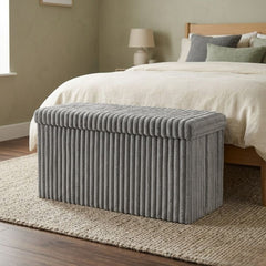 Grey Ribbed Fabric Storage Bench - Foldable Ottoman Ottoman Box 76cm