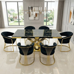 Elina 180cm Black & Gold Marble Dining Table & 6 Porado Chairs Set