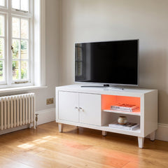 Aura High Gloss White TV Unit with LED Light, USB & Bluetooth | 120cm