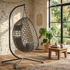 Aura Haus Grey Hanging Nest Egg Chair Garden Swing Stand Cushions