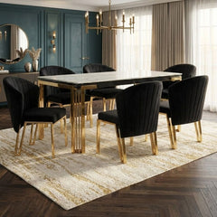 Sorrento 180cm White Marble Gold Leg Dining Table & 6 Fabio Black Chairs