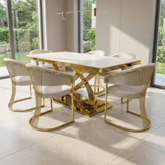 Elina 180cm Cream & Gold Marble Dining Table & 6 Porado Chairs Set