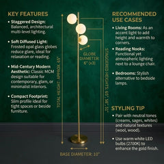 Stockholm Floor Lamp - Gold Finish with 3 Frosted Glass Globes