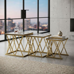 Maidah Gold Nest of 3 Tables with White Marble Top & Steel Frame