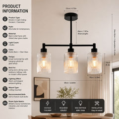Ribbed Glass 3-Pendant Ceiling Light - Modern Black & Glass Fixture