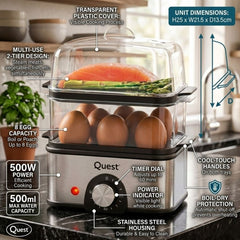 2-Tier Stainless Steel Egg Cooker & Steamer - 500W, 8 Egg Capacity