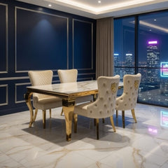 Sofia 1.5m Cream & Gold Marble Table & 4 Victoria Mink Lion Chairs