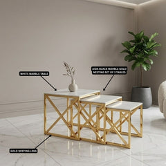 Aida White ceramic & Gold Nesting Tables - Set of 3 Square Side Tables