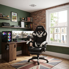 ZADAR White/Black Musical Gaming Chair with Bluetooth, RGB & Footrest