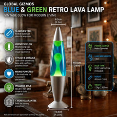 Global Gizmos 16" Retro Lava Lamp - Blue Liquid & Green Wax, Silver